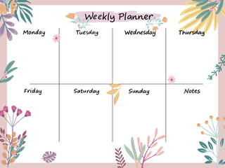 Vector Weekly planner of different plants isolated on white. Flowers and leaves collection for creating branding projects, logos, handmade craft items, web pages, magazine illustrations, notebook and 