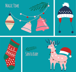 Set of Christmas festive cards.New Year or Xmas celebration.Santa and knit hat, wool sock with scandinavian pattern for presents.Lama with garland.Jingle bells for magic time. Winter gift certificate.