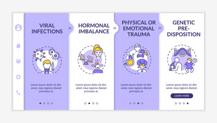 Systemic exertion intolerance disease causes onboarding vector template. Hormonal imbalance, genetics. Responsive mobile website with icons. Webpage walkthrough step screens. RGB color concept