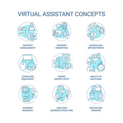 Virtual assistants turquoise concept icons set. Distant job. Business marketing. Remote freelance work idea thin line RGB color illustrations. Vector isolated outline drawings. Editable stroke