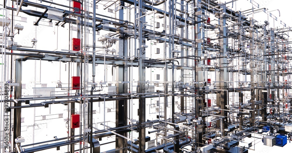 Poster visualization of the concept of bim model utilities of the building without walls and floors