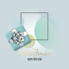 Elegant Christmas ornament in pastel colour with green Xmas realistic gift box with silver shiny bow on pastel green white background. 3D render. Holiday party invitation card