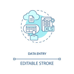 Data entry turquoise concept icon. Information manual input to document. Virtual assistant job idea thin line illustration. Vector isolated outline RGB color drawing. Editable stroke