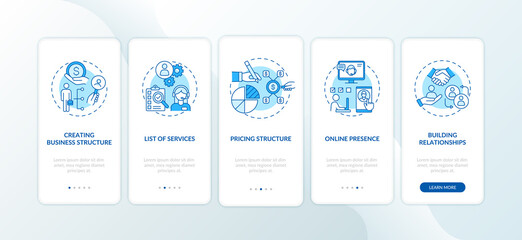 Business management blue onboarding mobile app page screen with concepts. Online marketing. Develop startup walkthrough 5 steps graphic instructions. UI vector template with RGB color illustrations