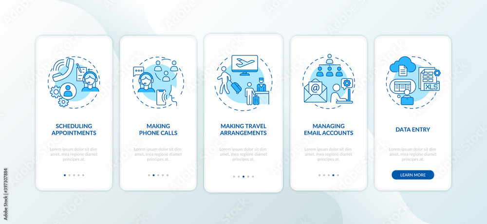 Poster manager clerical task blue onboarding mobile app page screen with concepts. secretary office work wa