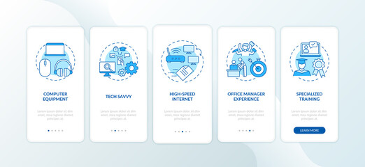 Employee skills blue onboarding mobile app page screen with concepts. Specialized training for worker walkthrough 5 steps graphic instructions. UI vector template with RGB color illustrations