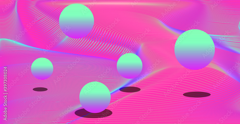 Poster abstract surreal background with floating neon spheres. brigth colorful illustration.