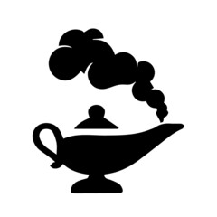 Vector black silhouette of an Arabic genie lamp isolated on a white background.