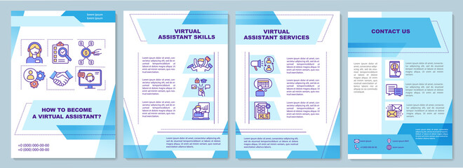 Virtual assistant job brochure template. VA skills. Providing services. Flyer, booklet, leaflet print, cover design with linear icons. Vector layouts for magazines, annual reports, advertising posters