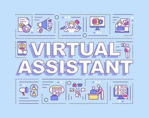 Virtual assistant word concepts banner. Independent contractor. Administrative services. Infographics with linear icons on blue background. Isolated typography. Vector outline RGB color illustration