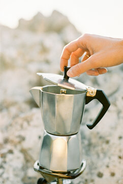 Coffee Moka Pot On A Gas Cooker Outdoors