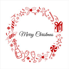 Outline hand drawn doodle set with objects and symbols on the New Year and Christmas theme with lettering Merry Christmas. Vector illustration on white background. Round frame composition.