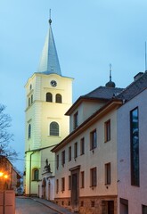 Valasske Meziirici. Street to church at dawn. Czechia. Europe.