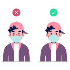 Boys showing how to wearing protective mask correctly. Flat design vector illustration