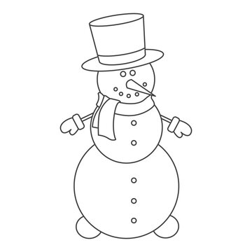 Black and white coloring page outline of a Snowman. Coloring book snowman. Snowman illustration on white background. Snowman with hands .