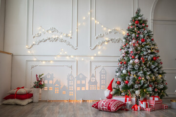Christmas interior, Christmas tree, new year, gifts, toys on the tree