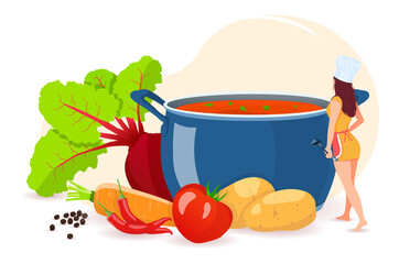 Pan with soup, woman and vegetables. Recipes, homemade food, food preparation concept. Isolated vector illustration for flyer, poster, banner.