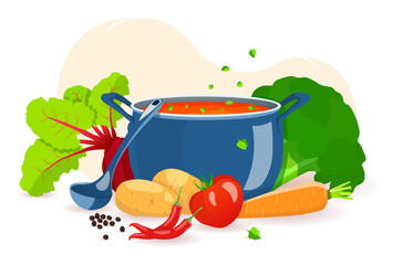 Pan with soup, ladle and vegetables. Recipes, homemade food, food preparation concept. Isolated vector illustration for flyer, poster, banner.