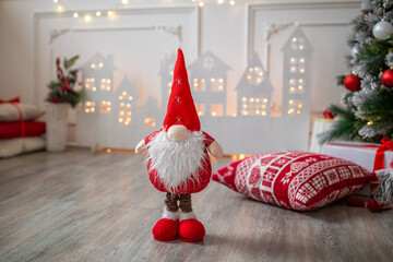 Obraz premium Christmas gnome, new year, lights, gifts, Christmas