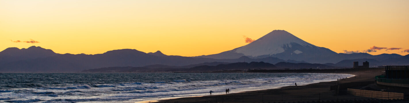 Beautiful Shoreline and Silhouette of Mt. Fuji at Sunset time