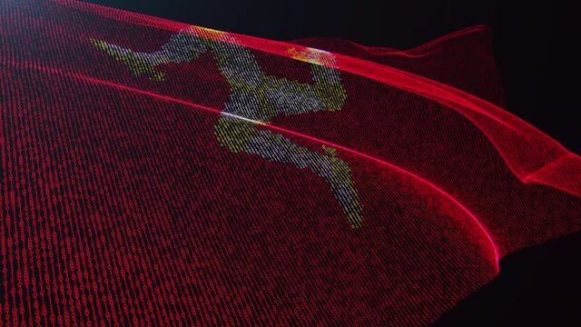 3d render. Isle of Man digital flag with binary code texture flies in the wind. Seamless loop.
