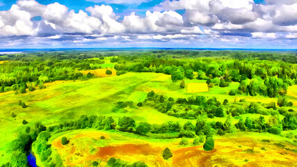 Beautiful rural landscape colorful painting looks like picture.