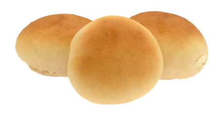 Three homemade yeast rolls isolated on a white background side view.