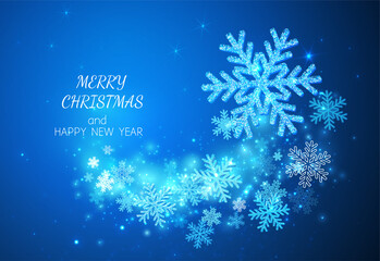 Fototapeta na wymiar Happy New Year and Merry Christmas! Background for congratulations with sparkling snowflakes on a blue background. Glow and glitter with a spiral pattern.