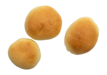 Three homemade yeast rolls isolated on a white background top view.
