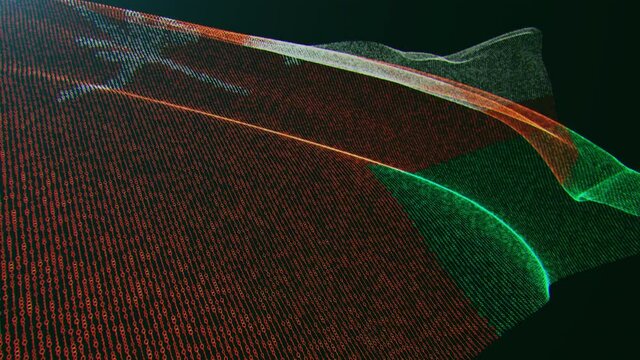 3d render. Oman digital flag with binary code texture flies in the wind. Seamless loop.