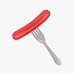 Sausage, wurst, frankfurter and fork icon, illustration. Meal pictogram. Sausage banner, poster, background, backdrop. Food template. Meat icon. Food logo, label, emblem, symbol. Menu icon. Fork logo.