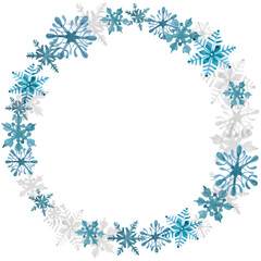 Fototapeta na wymiar Watercolor illustration of winter blue freezing Christmas snowflakes circle frame set