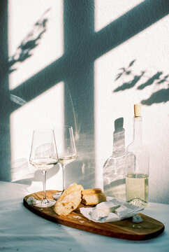 wine with fresh french bread and cheese