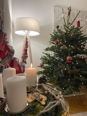 Cozy German Christmas Decorations with Candles and a Lit Christmas Tree