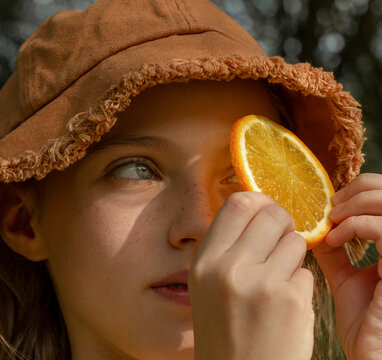 Girl looking at sun through orange