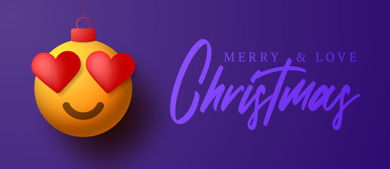 Fototapeta na wymiar Merry Christmas card with heart smile emotion. Vector illustration in flat style with Xmas lettering and love heart emotion in christmas ball hang on thread on purple background