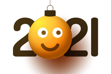 Greeting card for 2021 new year with smiling emoji face that hangs on thread like a christmas toy, ball or bauble. New year emotion concept vector illustration