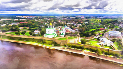 Aerial view of the Trinity Cathedral colorful painting looks like picture