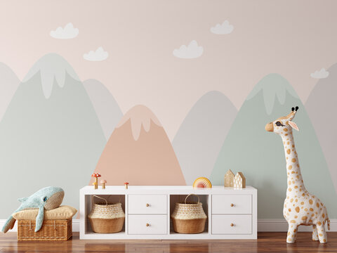Fototapeta Wall mockup in child room interior. Nursery Interior in scandinavian style. 3d rendering, 3d illustration 