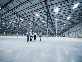 Businessmen walking and talking in empty warehouse