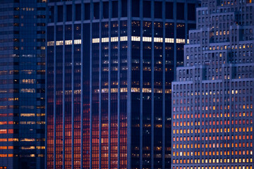 Office building windows at sunset
