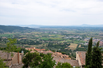 Fototapeta premium scenic Tuscan landscape from terrace in sunny summer day