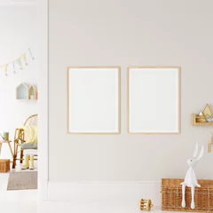Frame mockup in child room interior. Nursery Interior in scandinavian style. 3d rendering, 3d illustration  © Yuri-U