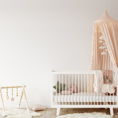 Wall mockup in child room interior. Nursery Interior in scandinavian style. 3d rendering, 3d illustration  © Yuri-U