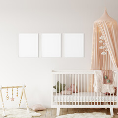 Frame mockup in child room interior. Nursery Interior in scandinavian style. 3d rendering, 3d illustration  © Yuri-U