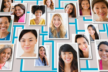 Portraits of people overlaid on grid