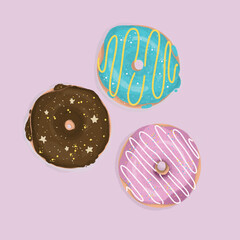 Illustration three donut. Beautiful donut sprinkles. Hand drawn cute donut. Nice dessert. Blue chocolate dessert