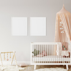 Frame mockup in child room interior. Nursery Interior in scandinavian style. 3d rendering, 3d illustration  © Yuri-U