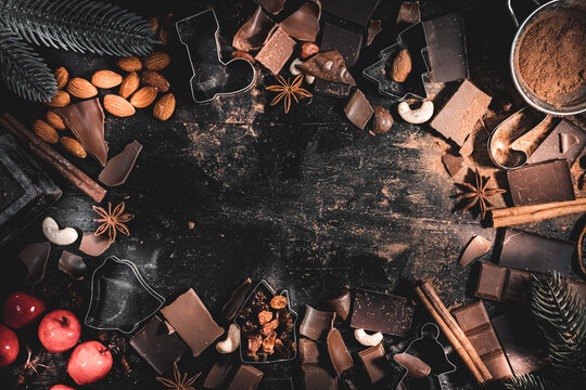 Merry Christmas post card wallpaper with space for text of bakery ingredients of making chocolate cookies top view photo