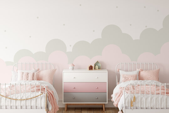 Wall mockup in child room interior. Nursery Interior in scandinavian style. 3d rendering, 3d illustration © Yuri-U